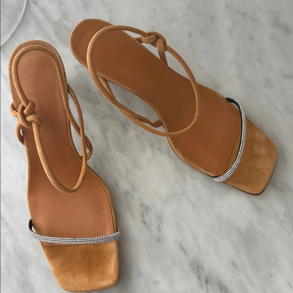 STAUD Tan Suede Strappy Heeled Sandals Rhinestone laurel Crystal heel size 38.5 - Picture 9 of 16